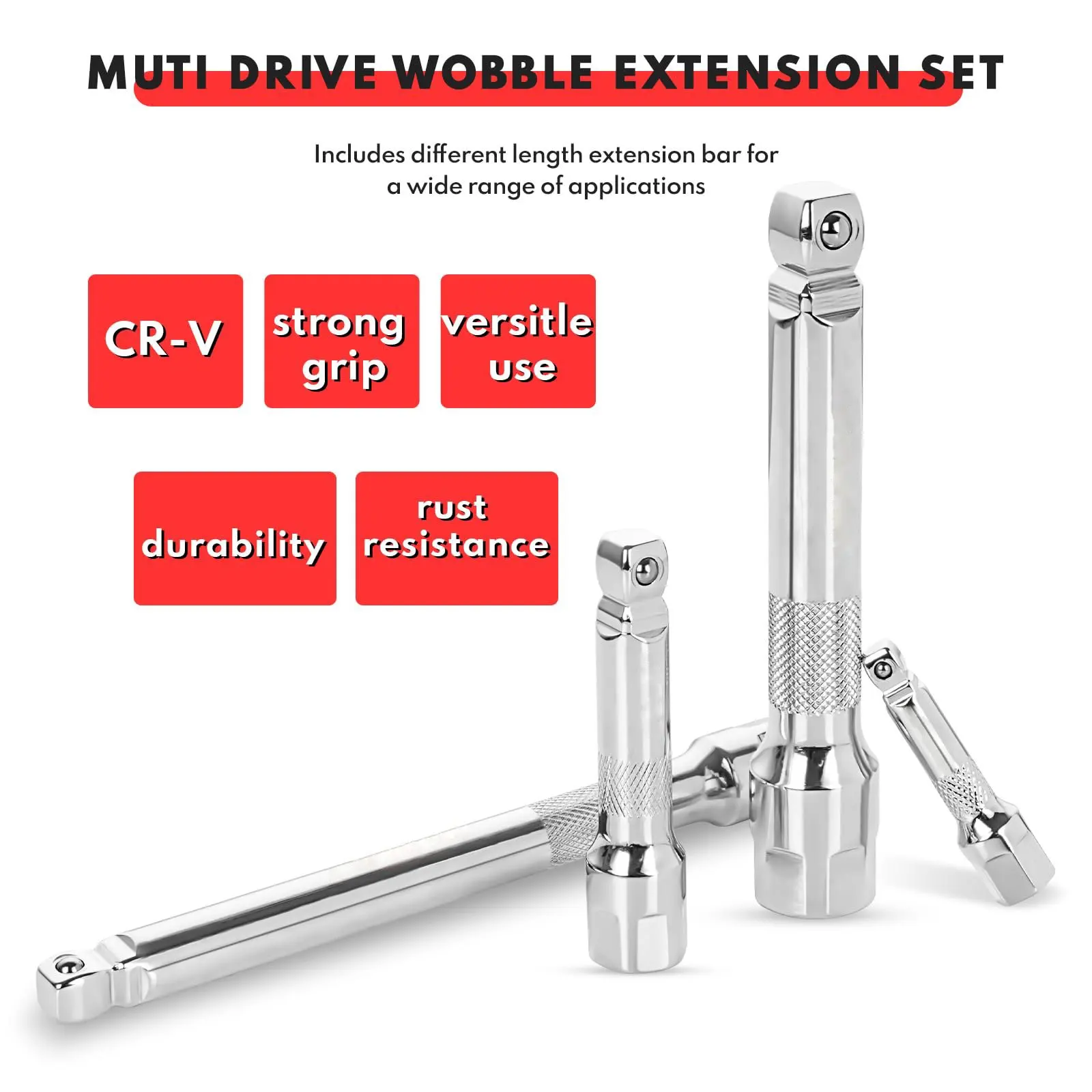9Pcs Wobble Socket Extensions Set, Ratchet Extensions 1/4" 3/8" 1/2", Wobble Extensions, Drive Socket Extension Length Bar Set
9Pcs Wobble Socket Extensions Set, Ratchet Extensions 1/4" 3/8" 1/2", Wobble Extensions, Drive Socket Extension Length Bar Set