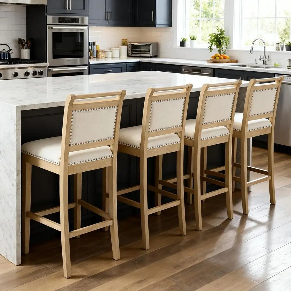 Set of 4 Rustic French Country Upholstered Counter Height Bar Stools with Backrest and Top Rail, Natural Wood, Beige Linen Cushi
Set of 4 Rustic French Country Upholstered Counter Height Bar Stools with Backrest and Top Rail, Natural Wood, Beige Linen Cushi