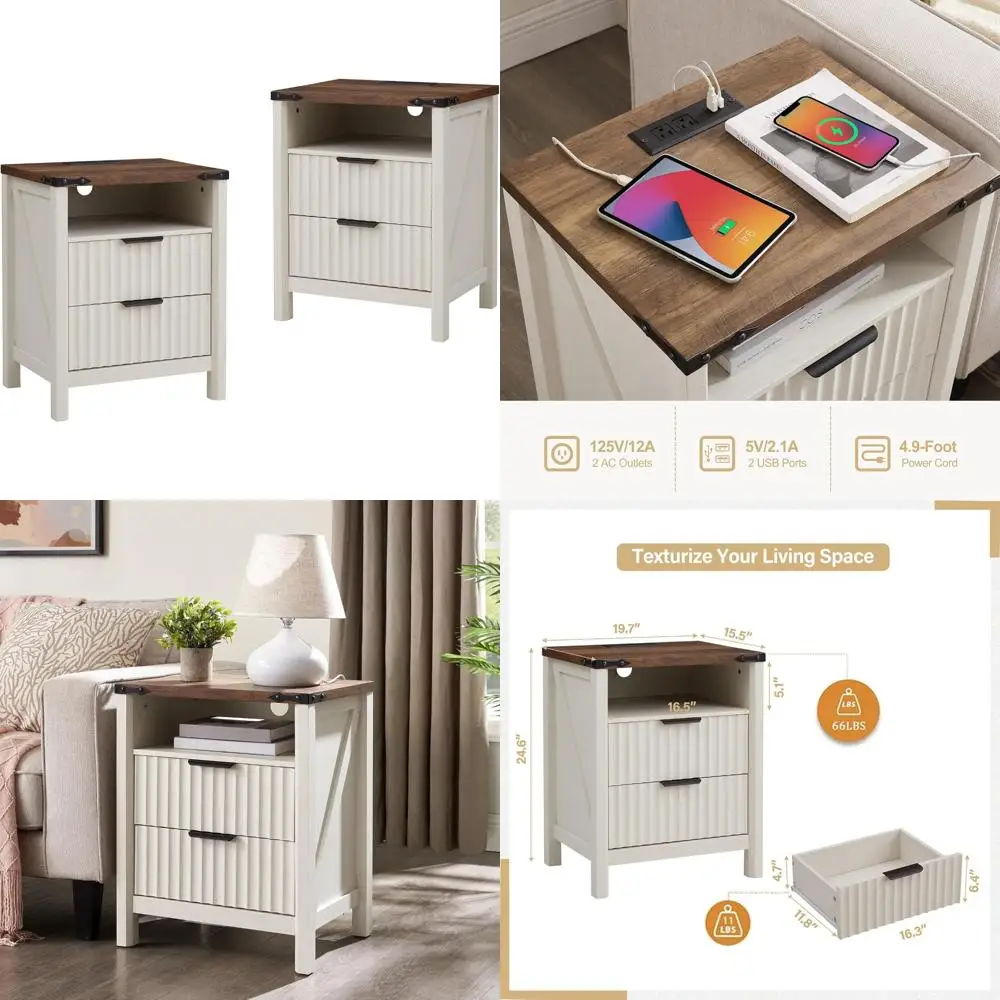 Vintage White Dual Nightstands - 20 Inch Wide Rustic Fluted Side Tables with Charging Stations and Drawers
Vintage White Dual Nightstands - 20 Inch Wide Rustic Fluted Side Tables with Charging Stations and Drawers