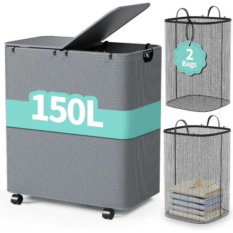 150L Laundry Hamper with Wheels, Rolling Laundry Basket with Lid and 2 Removable Laundry Bag, Large Capacity 2 Section
150L Laundry Hamper with Wheels, Rolling Laundry Basket with Lid and 2 Removable Laundry Bag, Large Capacity 2 Section