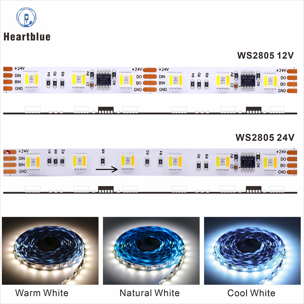 WS2805 Pixel LED Strip Light RGBCCT 5in1 Addressable LED Light Dual-Signal RGB WW CW (3000K - 6500K) 12V/24V 60LEDs 1IC for 3/6 
WS2805 Pixel LED Strip Light RGBCCT 5in1 Addressable LED Light Dual-Signal RGB WW CW (3000K - 6500K) 12V/24V 60LEDs 1IC for 3/6