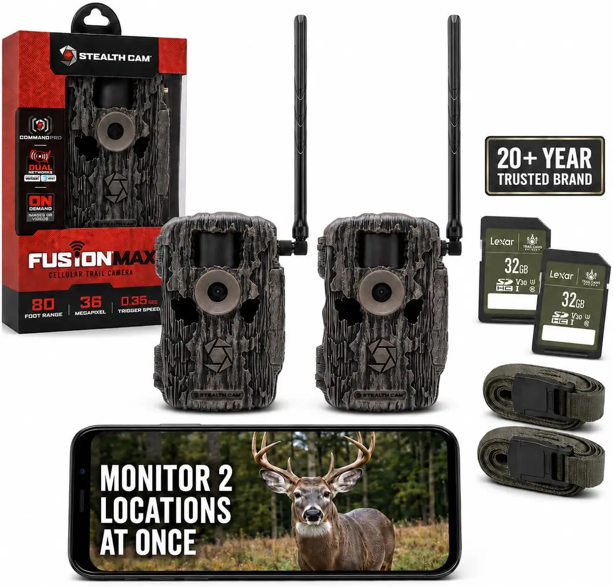 Cellular Trail Camera 2-Pack with 32GB SD Cards, Dual SIM, 36MP Photo, 720P HD Video, 0.35s Trigger
Cellular Trail Camera 2-Pack with 32GB SD Cards, Dual SIM, 36MP Photo, 720P HD Video, 0.35s Trigger