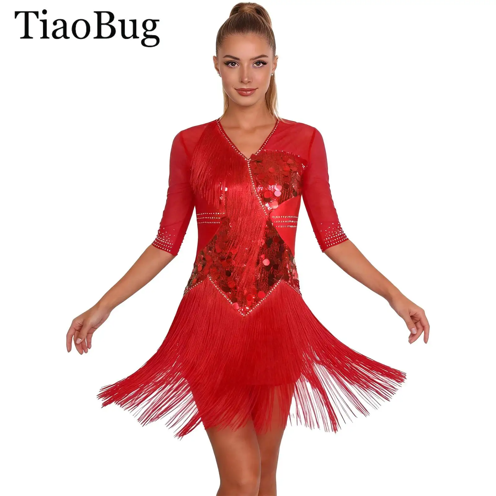 Womens Latin Cha-cha Dance Dress Ballet Jersey Rhinestone Tiered Tassel Half Sleeve Dress Glittery Sequins Tango Salsa Dancewear
Womens Latin Cha-cha Dance Dress Ballet Jersey Rhinestone Tiered Tassel Half Sleeve Dress Glittery Sequins Tango Salsa Dancewear