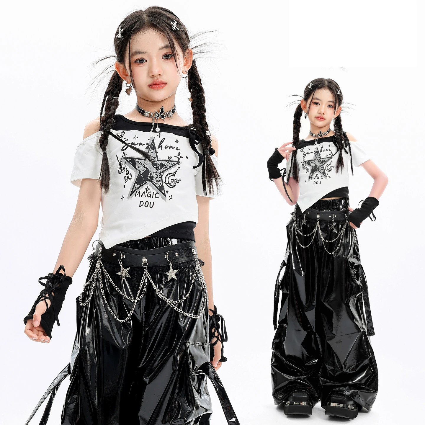 2026 Modern Jazz Dance Performance Costumes For Girls White Crop Tops Black Leather Pants Suit Kids Hip Hop Clothing DQS22921
2026 Modern Jazz Dance Performance Costumes For Girls White Crop Tops Black Leather Pants Suit Kids Hip Hop Clothing DQS22921
