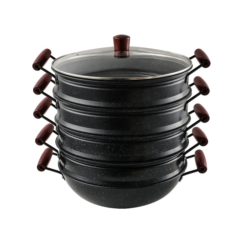 Kitchen carbon steel pot large steamer with wooden handle and glass lid
Kitchen carbon steel pot large steamer with wooden handle and glass lid