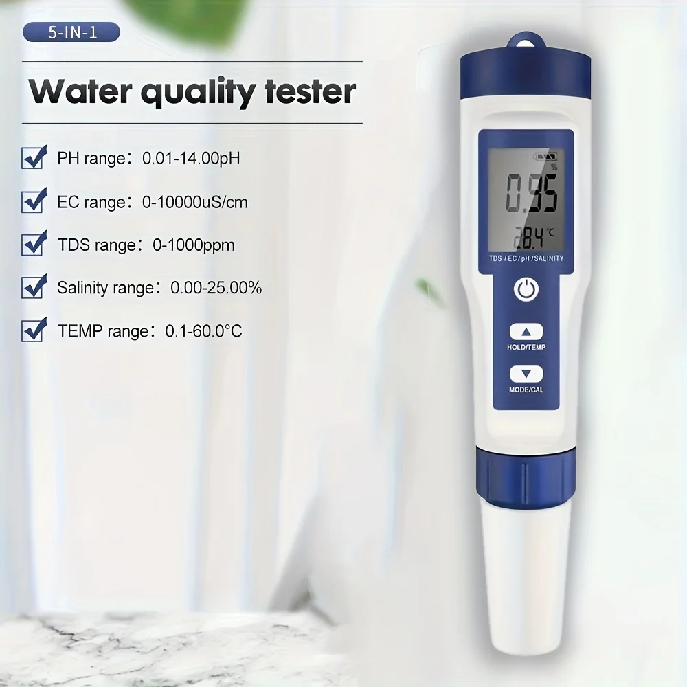 1pc 5 in1 TDS/EC/PH/salt/thermometer Water Quality Monitor for Swimming Pools/drinking Water and Aquariums Without Batteries
1pc 5 in1 TDS/EC/PH/salt/thermometer Water Quality Monitor for Swimming Pools/drinking Water and Aquariums Without Batteries