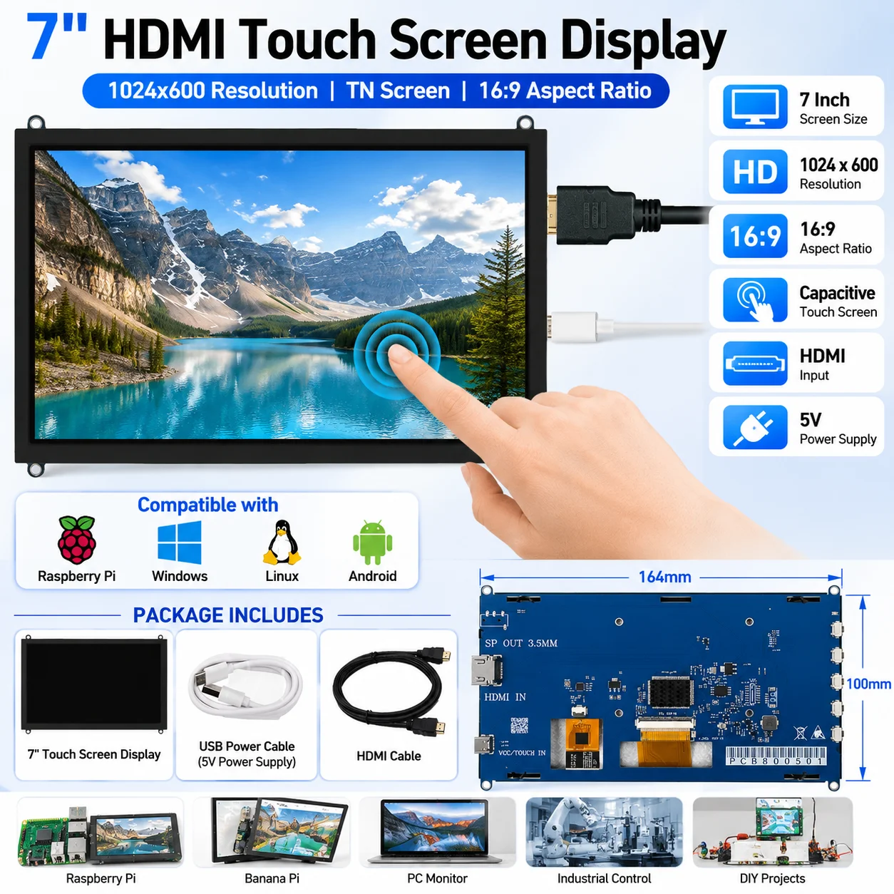 7 Inch Capacitive Touch Screen LCD Display and drive board Kit HDMI-Compatible for Raspberry Pi 4B/3B+ Orange Pi PC DIY Monitor
7 Inch Capacitive Touch Screen LCD Display and drive board Kit HDMI-Compatible for Raspberry Pi 4B/3B+ Orange Pi PC DIY Monitor