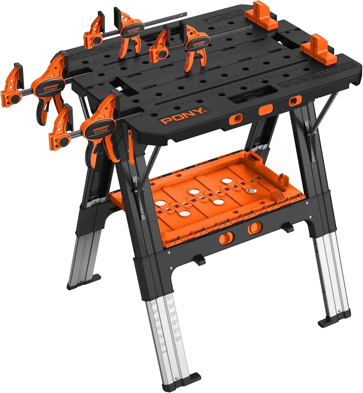 Portable Folding Work Table, 2-in-1 Workbench & Sawhorse, 31x25x25-35in, 500lbs Capacity with Clamps & Bench Dogs
Portable Folding Work Table, 2-in-1 Workbench & Sawhorse, 31x25x25-35in, 500lbs Capacity with Clamps & Bench Dogs