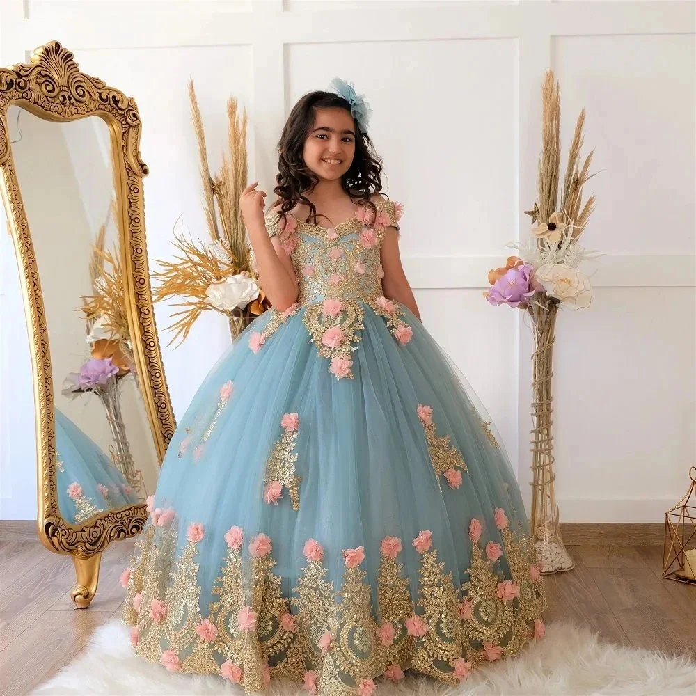 Customized Sky Blue Flower Girl Dresses For Wedding Gold Appliques 3D Flower Luxury Princess Birthday Party First Communion Gown
Customized Sky Blue Flower Girl Dresses For Wedding Gold Appliques 3D Flower Luxury Princess Birthday Party First Communion Gown