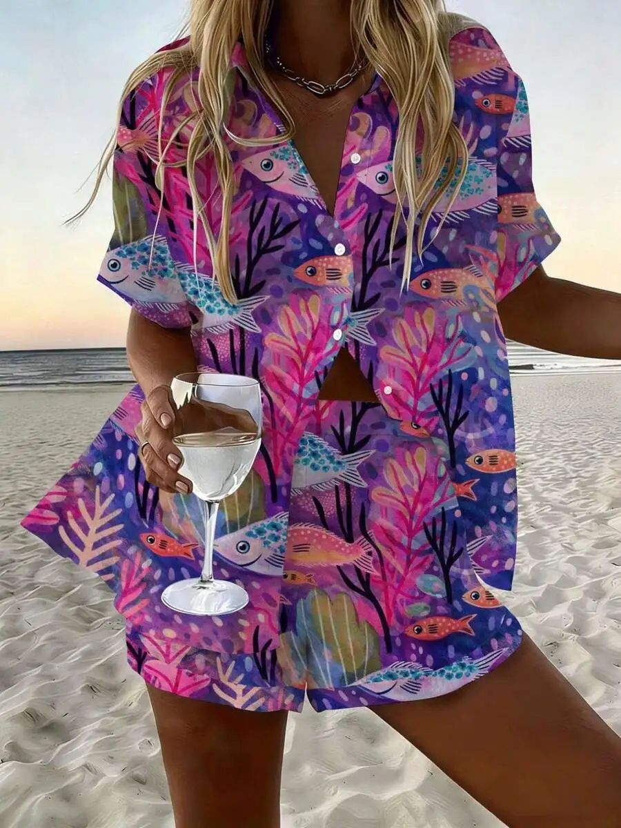 Womens Lapel Short Sleeve Two-Piece Set Purple Pink Tropical Fish Coral Print Button Front Casual Beach Vacation Outfit
Womens Lapel Short Sleeve Two-Piece Set Purple Pink Tropical Fish Coral Print Button Front Casual Beach Vacation Outfit