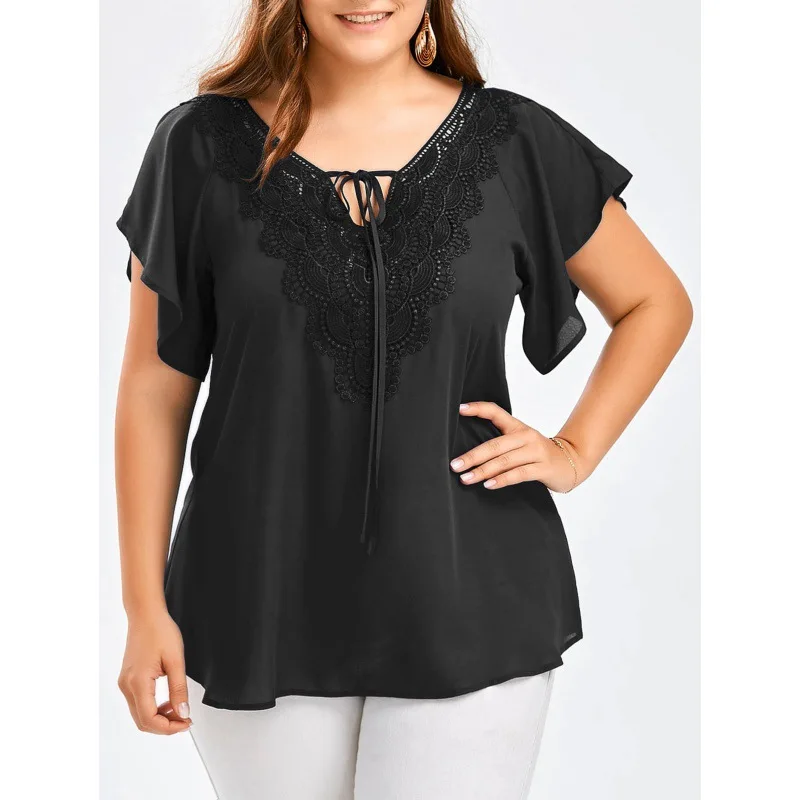 Women's Plus Size Lace Chiffon Top Lace-up V Neck Short Sleeve Casual Blouse Summer Thin Lightweight Office Lady Elegant Tops
Women's Plus Size Lace Chiffon Top Lace-up V Neck Short Sleeve Casual Blouse Summer Thin Lightweight Office Lady Elegant Tops