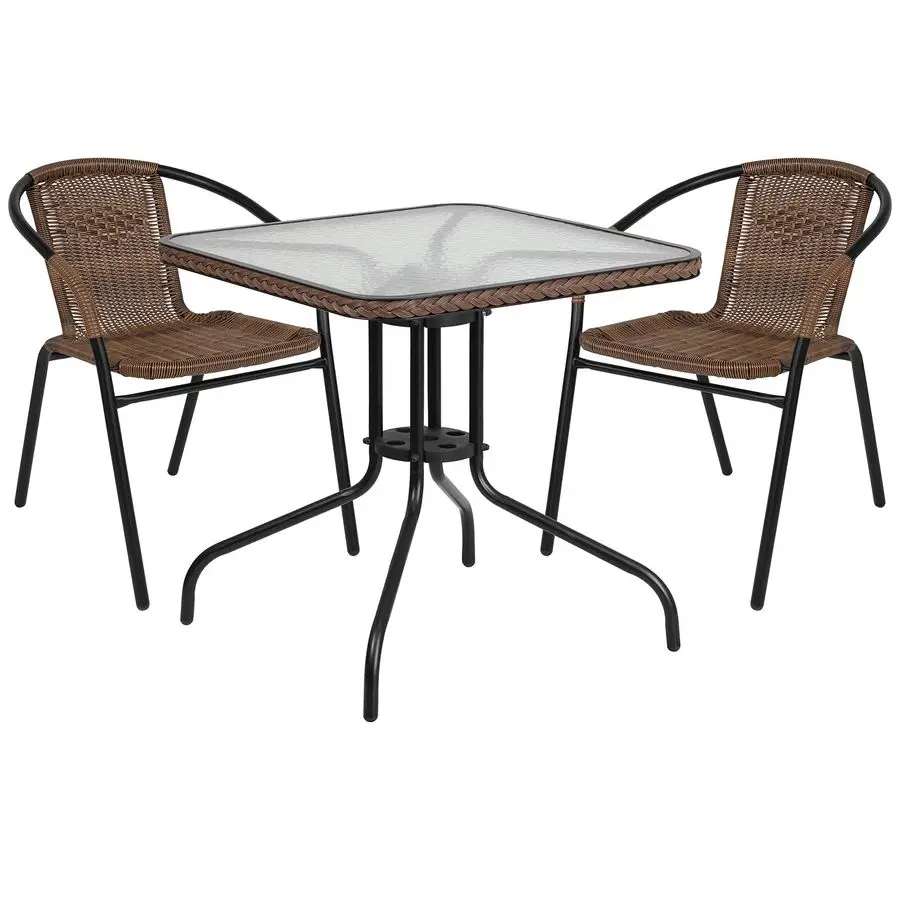Lila 3Piece 28 Square Indoor Outdoor Patio Table and Chairs Set, Glass Metal Bistro Table and 2 Stacking Rattan Chairs, Brown
Lila 3Piece 28 Square Indoor Outdoor Patio Table and Chairs Set, Glass Metal Bistro Table and 2 Stacking Rattan Chairs, Brown