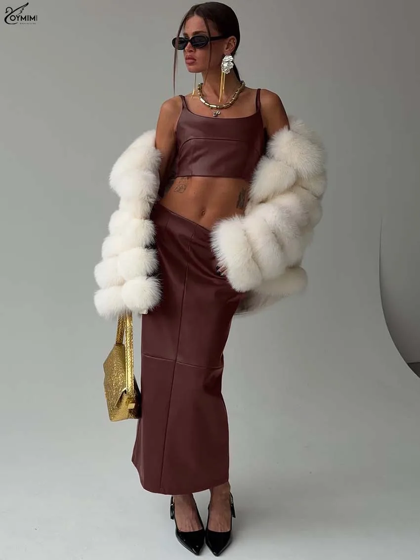 Oymimi Elegant Wine Red Pu Leather Two Piece Outfits Woman Casual Spaghetti Strap Crop Tops And Slim Ankle-Length Skirts Sets
Oymimi Elegant Wine Red Pu Leather Two Piece Outfits Woman Casual Spaghetti Strap Crop Tops And Slim Ankle-Length Skirts Sets
