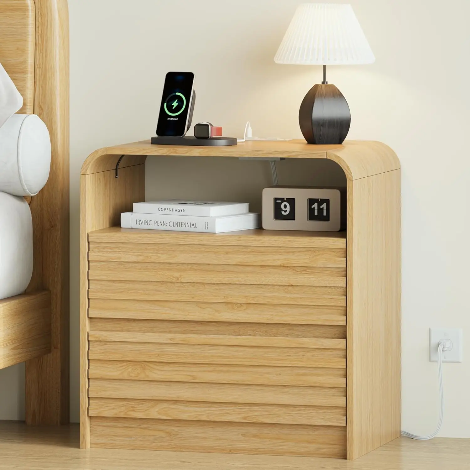 24" Wide Modern Fluted Nightstand With Charging Station, Wood Bedside Table With 2 Storage Drawers, Mid Century End, Customized
24" Wide Modern Fluted Nightstand With Charging Station, Wood Bedside Table With 2 Storage Drawers, Mid Century End, Customized