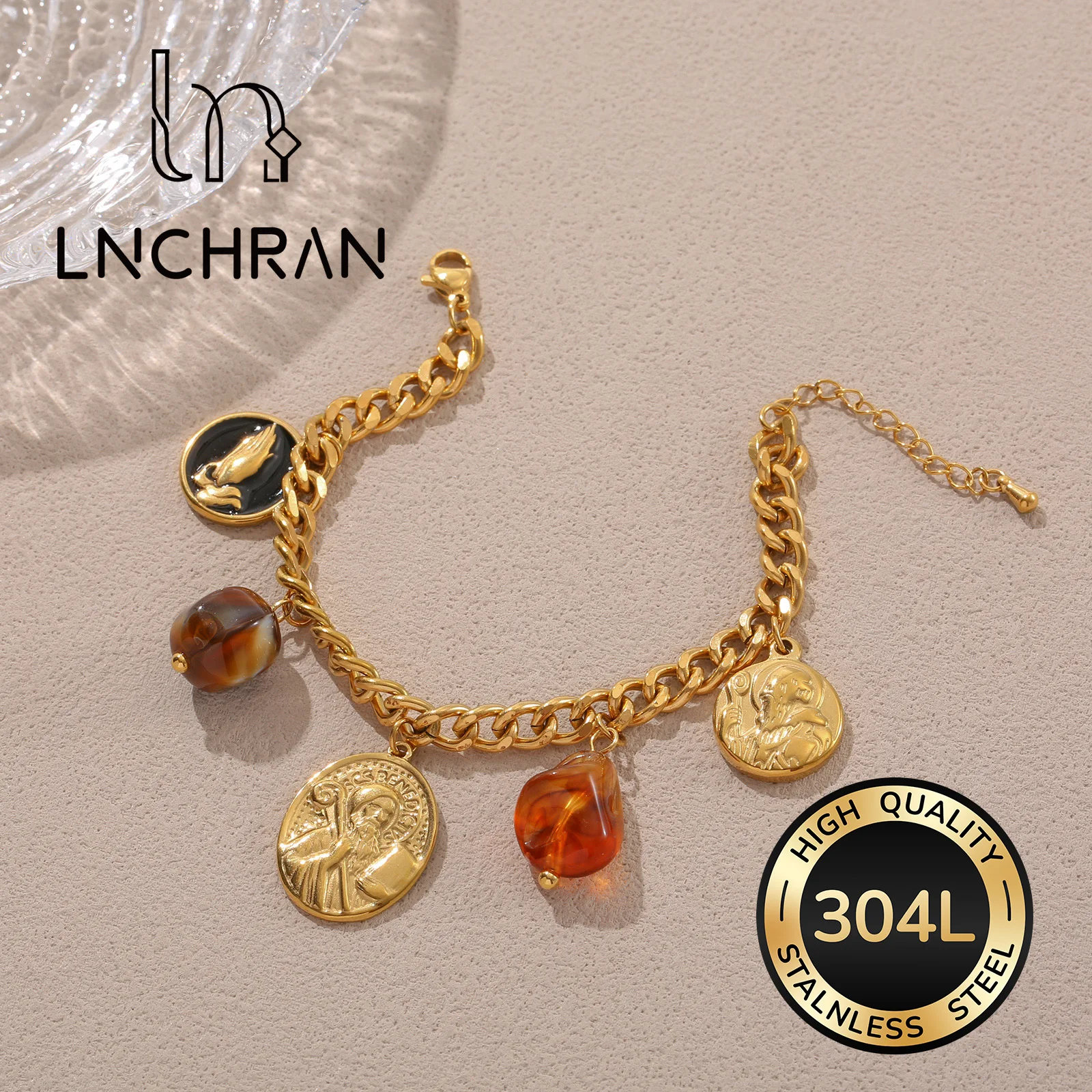 Golden Curb Chain Bracelet with Amber & Medallion Charms for Women Vintage Jewelry Gift
Golden Curb Chain Bracelet with Amber & Medallion Charms for Women Vintage Jewelry Gift
