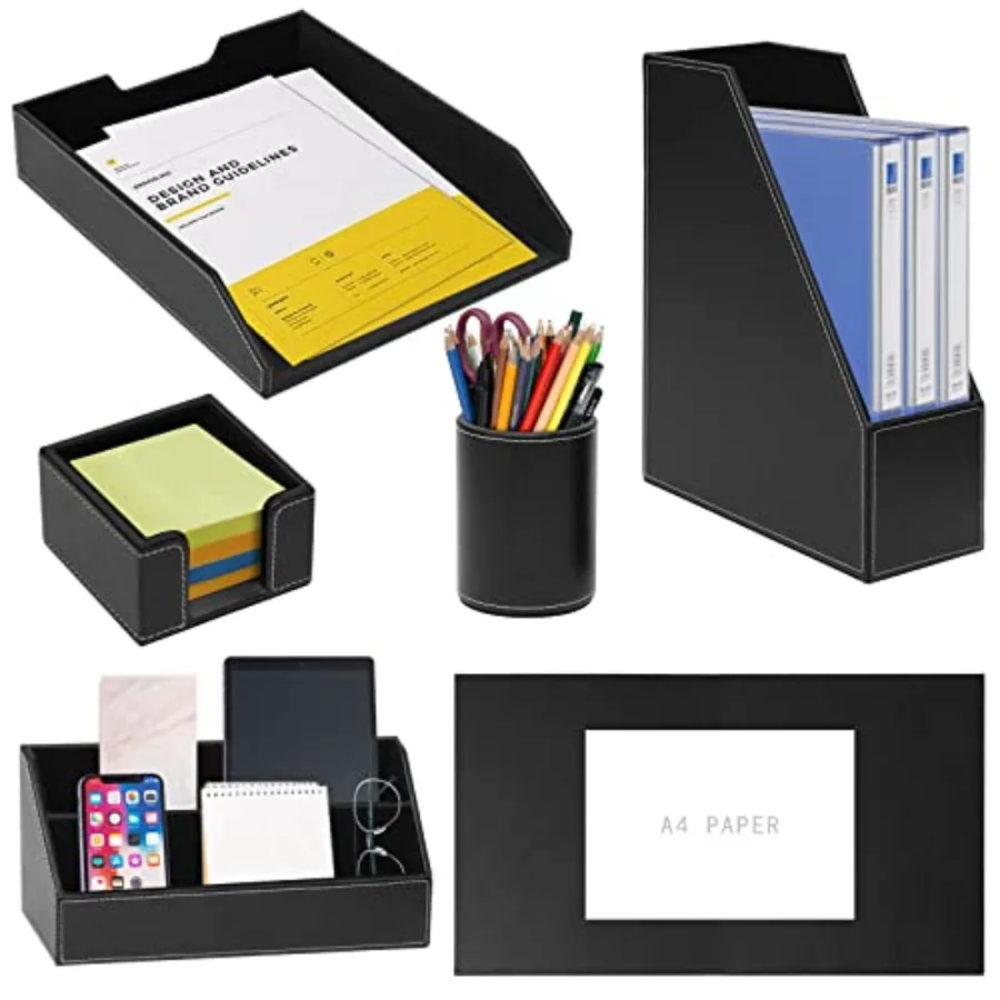 6 Pcs Office Supplies/Desk Organizer Set with Desktop Leather Writing PadFile Paper Tray Magazine folder Holder Pen Cup Sticky
6 Pcs Office Supplies/Desk Organizer Set with Desktop Leather Writing PadFile Paper Tray Magazine folder Holder Pen Cup Sticky