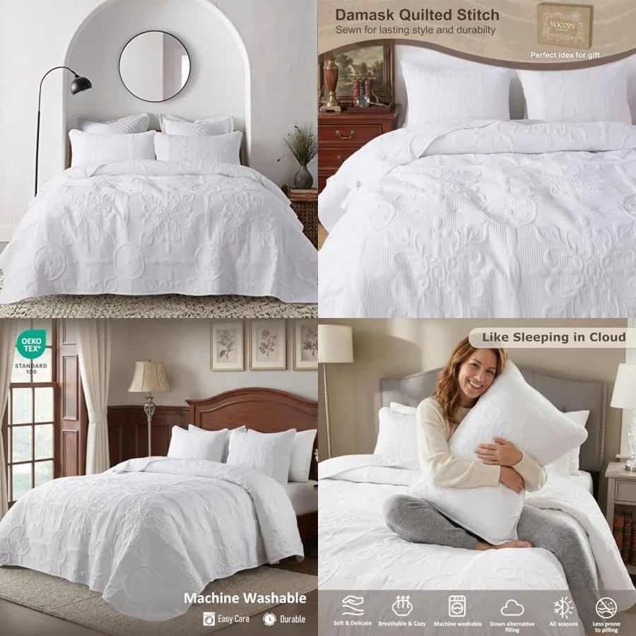 White Damask Quilt Queen Size Bedding Sets with 2 Pillow Shams, Boho Bedspread Lightweight Soft Farmhouse Vintage Bohemian Coverlet Retro Jacquard Pattern Bed Cover for All Season, 3 Pieces
White Damask Quilt Queen Size Bedding Sets with 2 Pillow Shams, Boho Bedspread Lightweight Soft Farmhouse Vintage Bohemian Coverlet Retro Jacquard Pattern Bed Cover for All Season, 3 Pieces