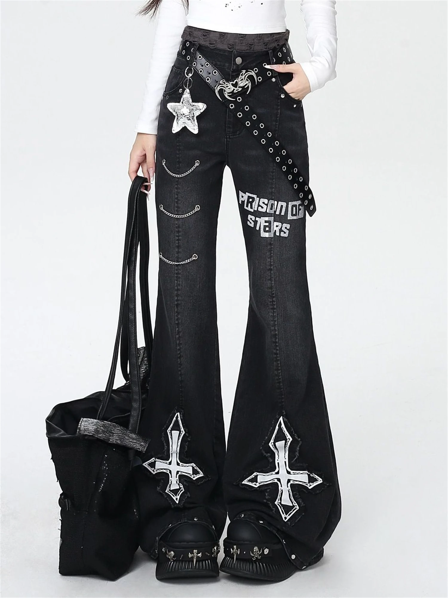 Women's High Waist Flare Leg Black Jeans Cross Patch Chain Detail Letter Print Gothic Y2K Streetwear Denim Trousers
Women's High Waist Flare Leg Black Jeans Cross Patch Chain Detail Letter Print Gothic Y2K Streetwear Denim Trousers