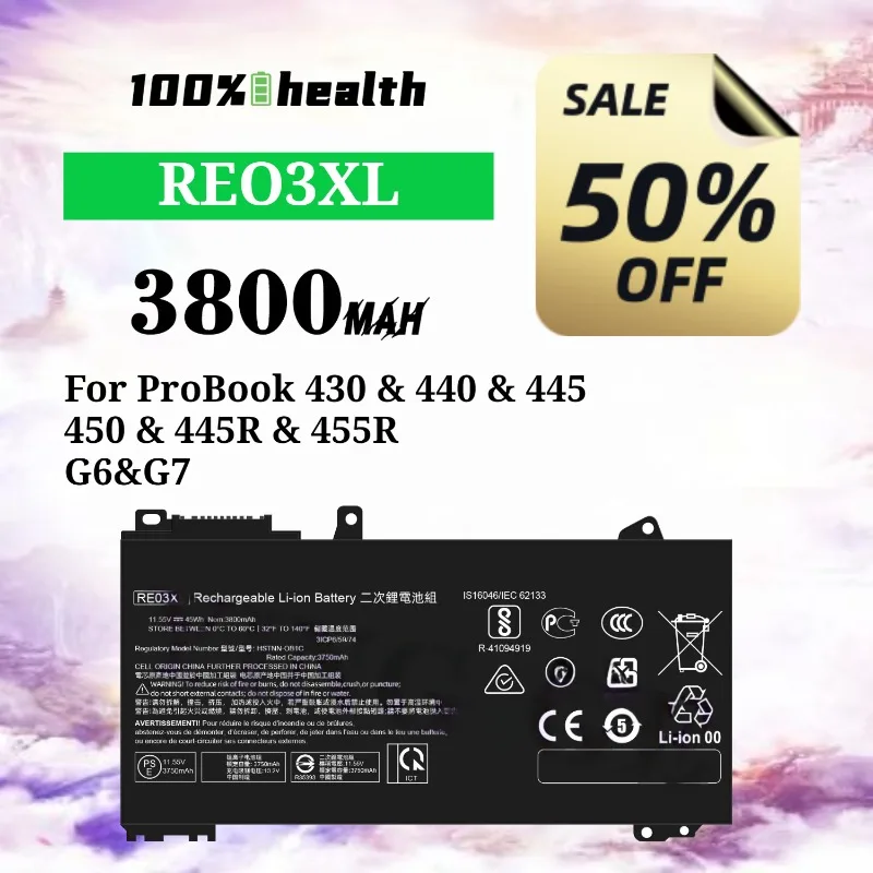 RE03XL 3800mAh Laptop Battery for HP ProBook 430/440/445/450/445R/455R Lithium Rechargeable Battery
RE03XL 3800mAh Laptop Battery for HP ProBook 430/440/445/450/445R/455R Lithium Rechargeable Battery