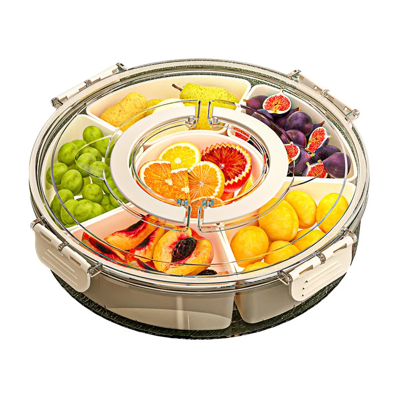 Six-point rotating fruit plate with handle, sealed moisture-proof dried fruit plate, portable household round snack box with lid
Six-point rotating fruit plate with handle, sealed moisture-proof dried fruit plate, portable household round snack box with lid