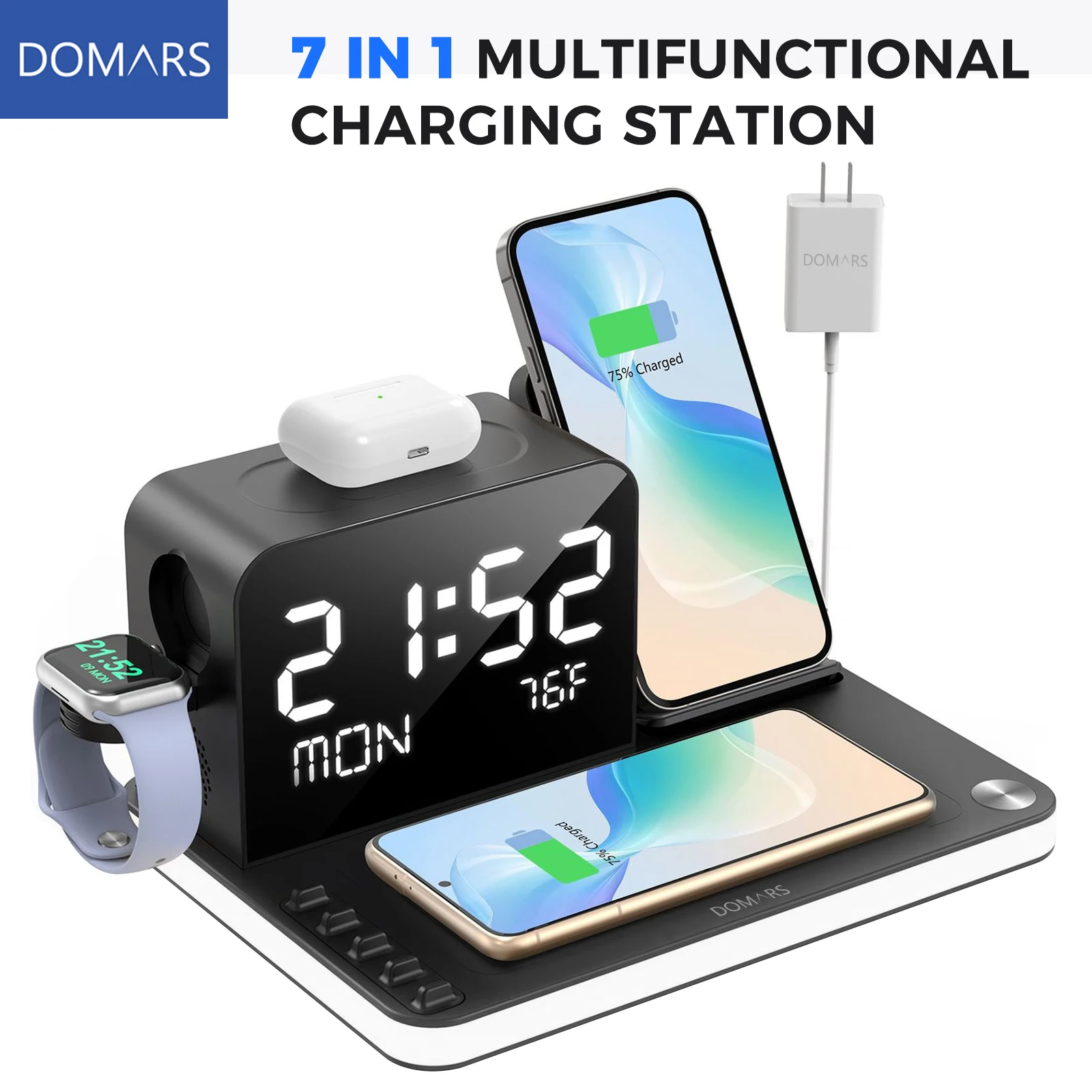 Domars Multi-functional 7-in-1 Wireless Charger Fast Charging Dock with Night Light Display for Phones Headphones and Watches
Domars Multi-functional 7-in-1 Wireless Charger Fast Charging Dock with Night Light Display for Phones Headphones and Watches