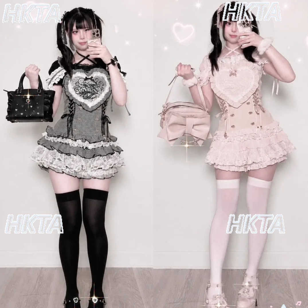 Japanese Mass Produced Plaid Love Sets Lace Letter Bow Strap Slim Cake Square Neck Bubble Short Sleeve Lolita Dress Shorts Women
Japanese Mass Produced Plaid Love Sets Lace Letter Bow Strap Slim Cake Square Neck Bubble Short Sleeve Lolita Dress Shorts Women