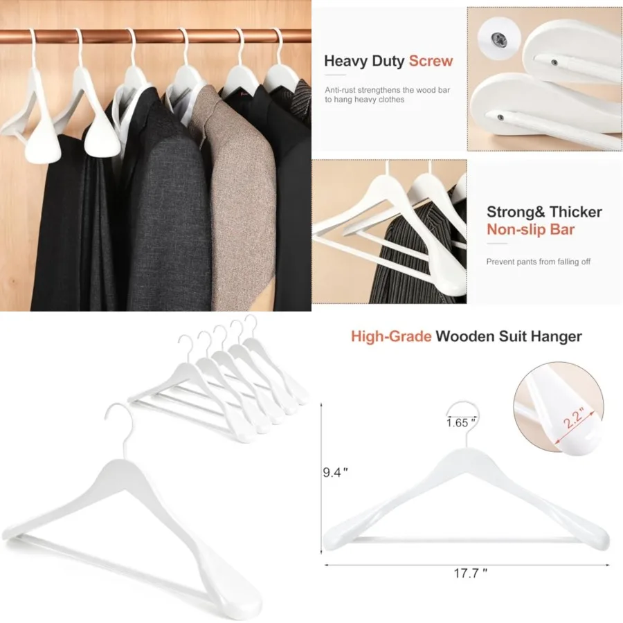 Wooden Coat Hanger 6 Pack, Wood Suit Hangers, Glossy Finish with Extra-Wide Shoulder, Thicker Hooks and Anti-Slip Bar, Suitable
Wooden Coat Hanger 6 Pack, Wood Suit Hangers, Glossy Finish with Extra-Wide Shoulder, Thicker Hooks and Anti-Slip Bar, Suitable