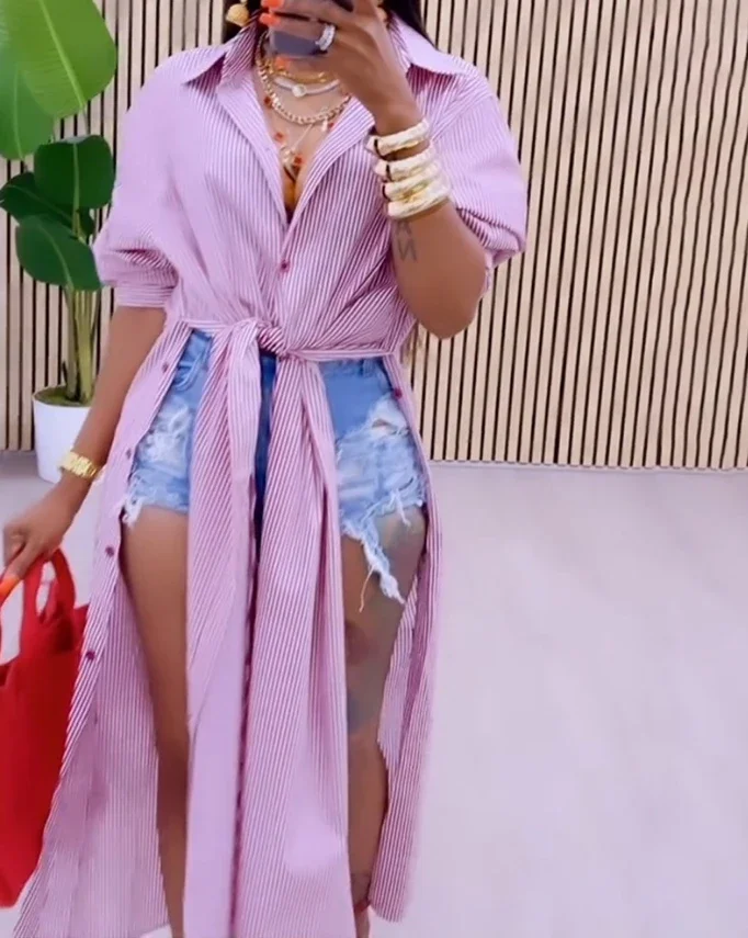 Fashion Woman Blouse 2025 Spring Striped High Slit Tied Detail Turn-Down Collar Long Sleeve Casual Button Longline Shirt Top
Fashion Woman Blouse 2025 Spring Striped High Slit Tied Detail Turn-Down Collar Long Sleeve Casual Button Longline Shirt Top