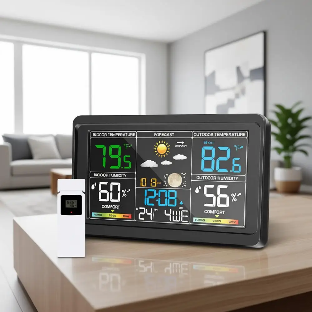Wireless Indoor/Outdoor Digital Thermometer with Color Display, Humidity Monitor, Barometer, Calendar, and Adjustable Backlight
Wireless Indoor/Outdoor Digital Thermometer with Color Display, Humidity Monitor, Barometer, Calendar, and Adjustable Backlight