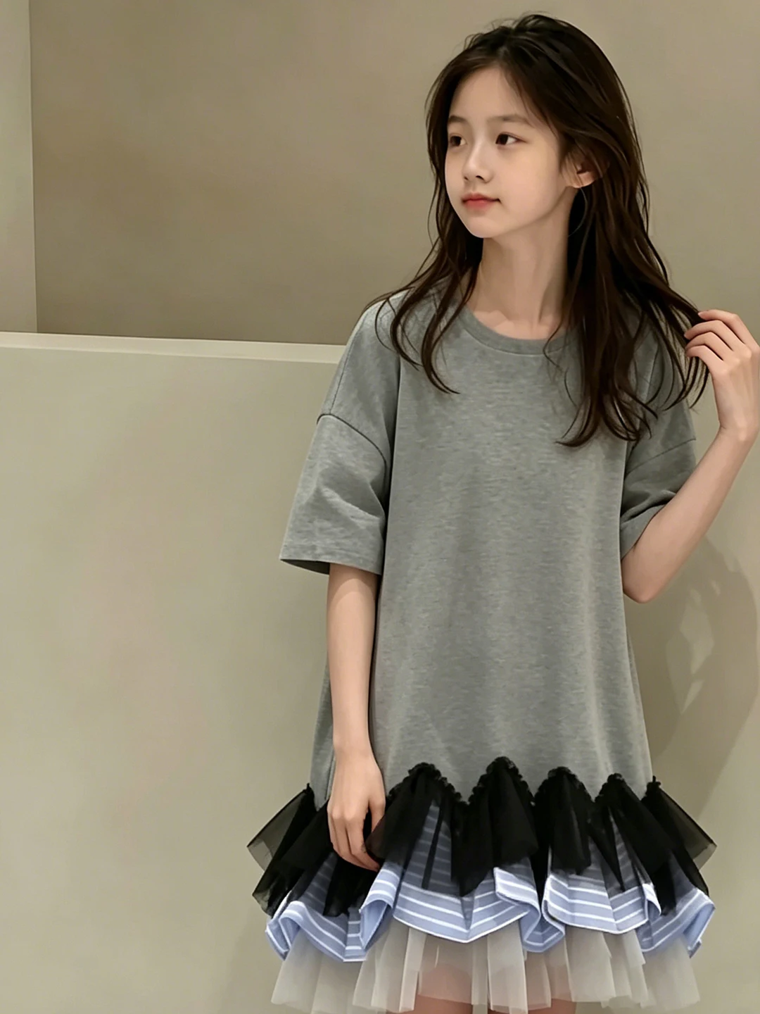 Girls' Summer Dress Grey Loose T-shirt Skirt Splice Mesh Simple Children's Clothing Casual Style Mid-Low Waist Short Sleeve
Girls' Summer Dress Grey Loose T-shirt Skirt Splice Mesh Simple Children's Clothing Casual Style Mid-Low Waist Short Sleeve