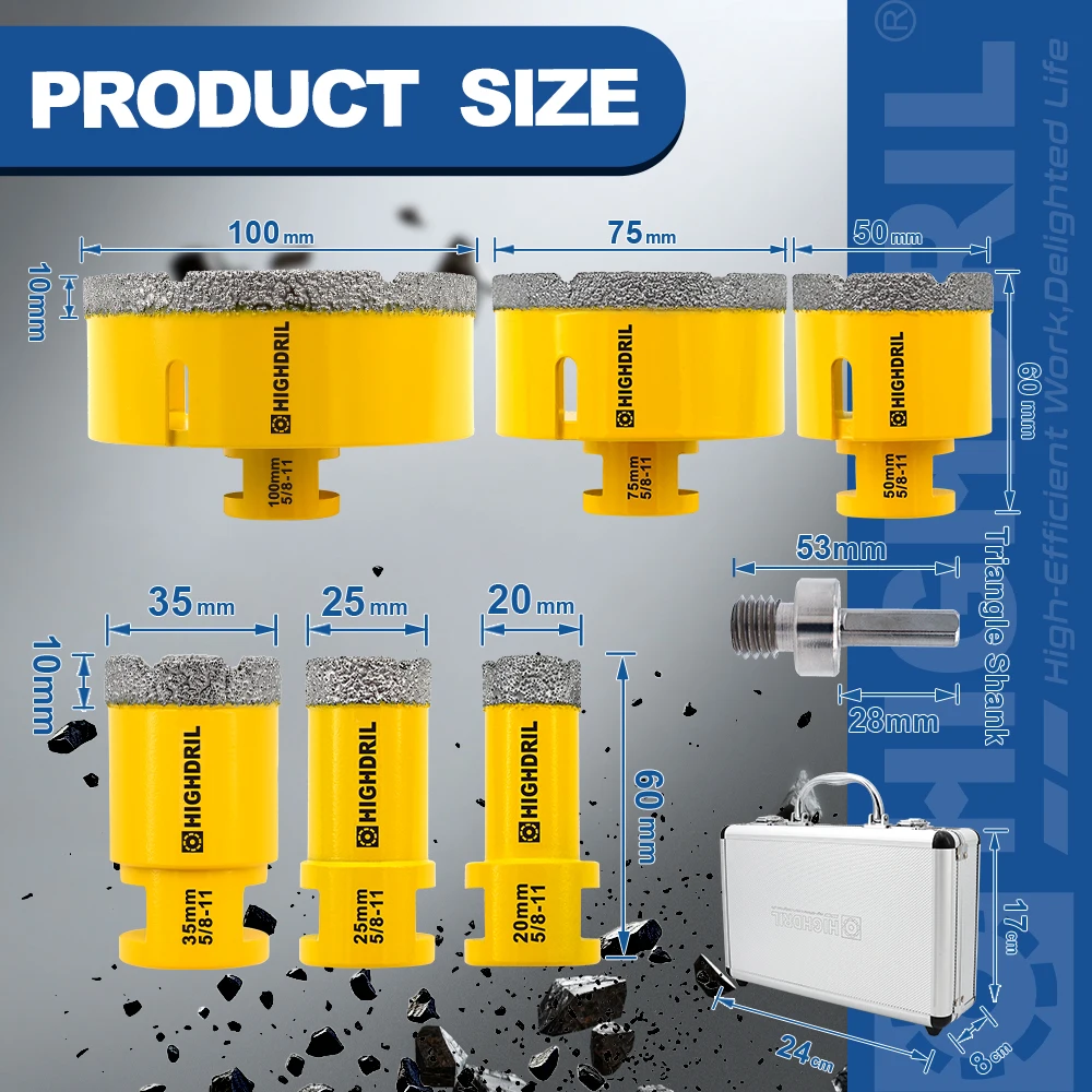 HIGHDRIL 6pcs Diamond Drill Core Bit Kit 20/25/35/50/75/100mm 5/8"-11 Thread Hole Saw Marble Granite Brick Tile Ceramic Concrete
HIGHDRIL 6pcs Diamond Drill Core Bit Kit 20/25/35/50/75/100mm 5/8"-11 Thread Hole Saw Marble Granite Brick Tile Ceramic Concrete