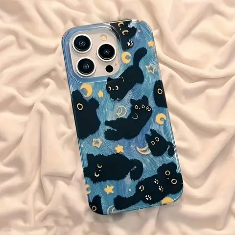 Phone Case For iPhone 18 17 Pro Max 17E 16E 16 15 14 13 12 11 XS XR 7 8 Plus Air Moon Stars And Black Cats Design Silicone Cover
