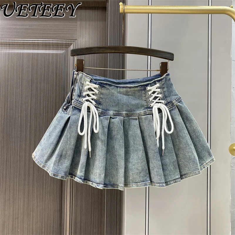 College Style Lace-up Denim Pleated Short Skirt Women's Spring Summer Retro Temperament High Waist A-line Ruffle Edge Skirts
College Style Lace-up Denim Pleated Short Skirt Women's Spring Summer Retro Temperament High Waist A-line Ruffle Edge Skirts