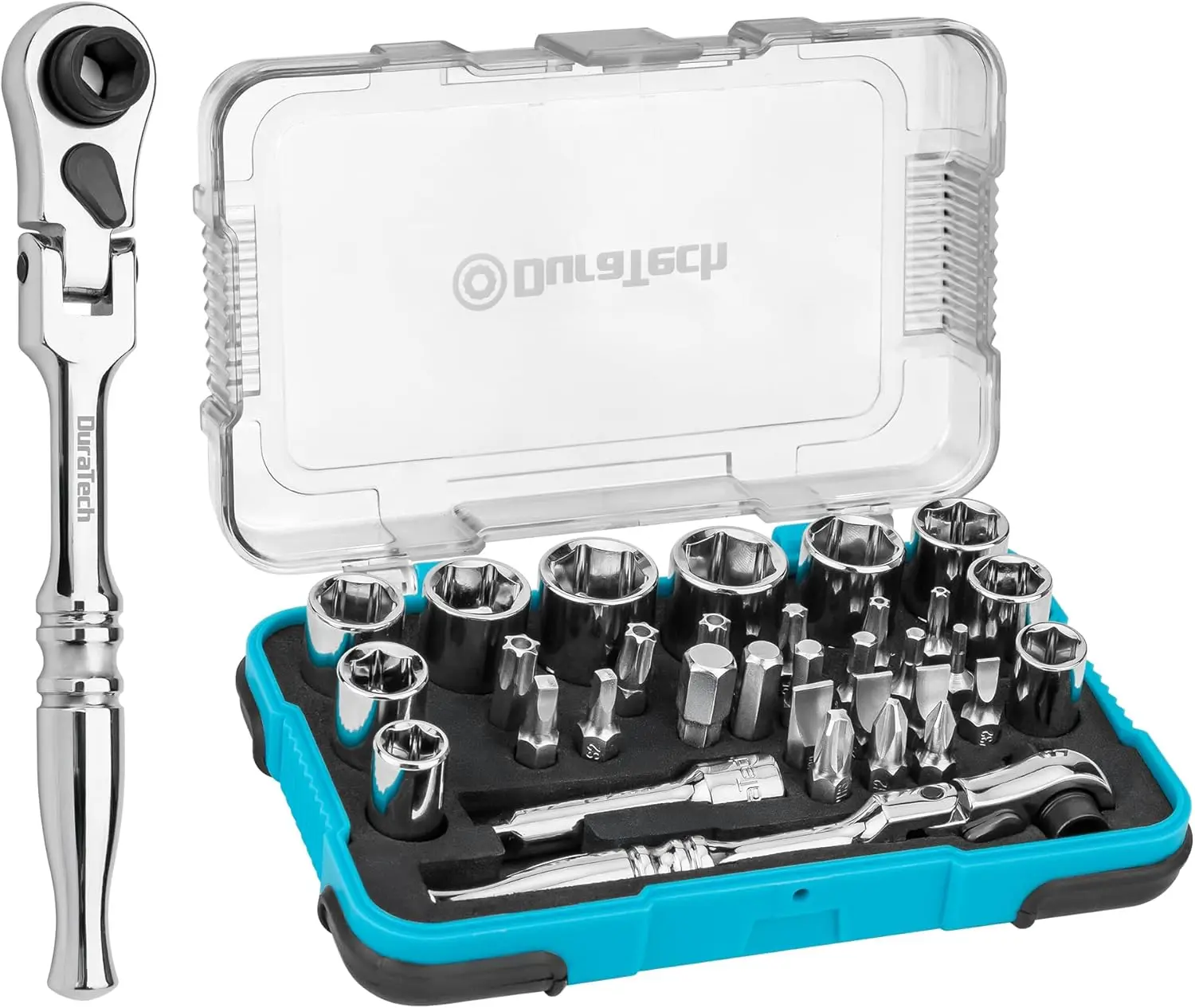 33-Piece 1/4" Drive Socket and Ratchet Set, 2-in-1 Flex Head Ratchet with Magnetic Bit Driver, CR-V Steel Sockets & Bits
33-Piece 1/4" Drive Socket and Ratchet Set, 2-in-1 Flex Head Ratchet with Magnetic Bit Driver, CR-V Steel Sockets & Bits