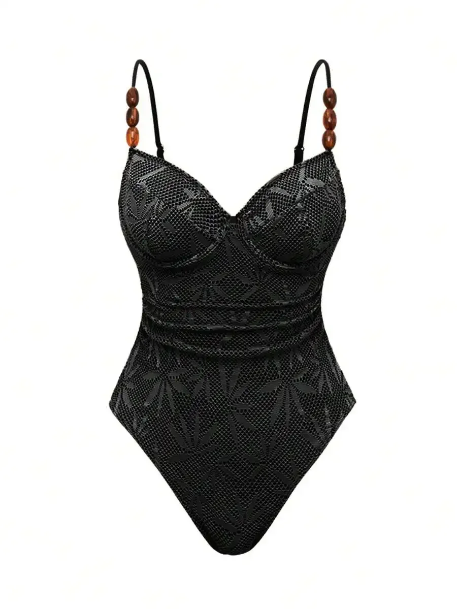 Black Lace Underwire Spaghetti Strap One Piece Swimsuit With Beaded Straps
Black Lace Underwire Spaghetti Strap One Piece Swimsuit With Beaded Straps