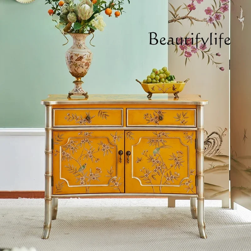 X35 Retro Solid Wood Dining Side Cabinet, Golden European Art Hand-painted Entrance Decorative Cabinet, Yellow Tea Cabinet
X35 Retro Solid Wood Dining Side Cabinet, Golden European Art Hand-painted Entrance Decorative Cabinet, Yellow Tea Cabinet