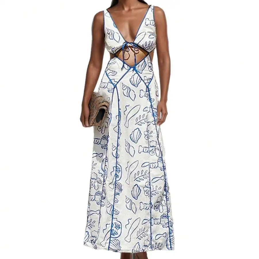 Womens Printed Long Dress With Cut-Out Backless V-Neck Sleeveless Boho Style
Womens Printed Long Dress With Cut-Out Backless V-Neck Sleeveless Boho Style