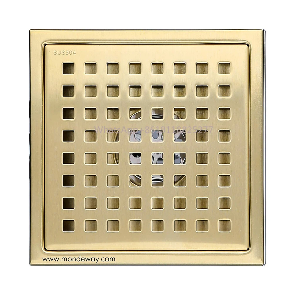 Square Shower Floor Drain with Removable Cover Grid Grate 6 inch Long SUS 304 Stainless Steel Brushed Gold Brass Finished
Square Shower Floor Drain with Removable Cover Grid Grate 6 inch Long SUS 304 Stainless Steel Brushed Gold Brass Finished