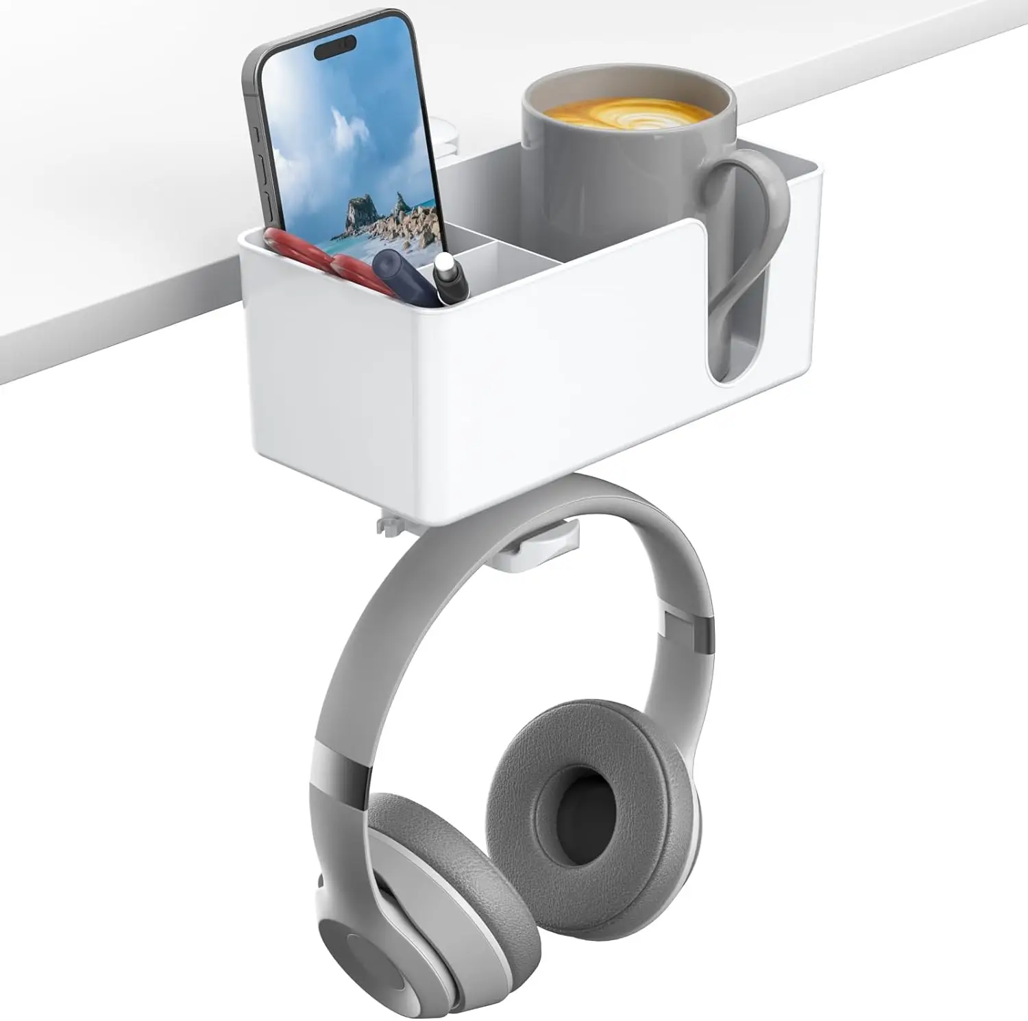 4-in-1 Desk Organizer: Under Desk Cup Holder & Headphone Hanger with 2 Wire Holes, Rotating Hanger, Detachable Storage for Cup, Phone, Pen (White)
4-in-1 Desk Organizer: Under Desk Cup Holder & Headphone Hanger with 2 Wire Holes, Rotating Hanger, Detachable Storage for Cup, Phone, Pen (White)