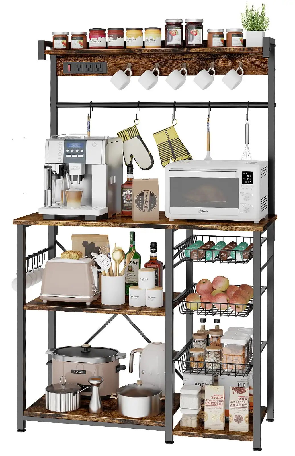 39.8" Wide Large Bakers Rack with Power Outlets, 5 Tiers Coffee Bar Table with 3 Wire Basket, 15 Hooks, Microwave Stand Kitchen
39.8" Wide Large Bakers Rack with Power Outlets, 5 Tiers Coffee Bar Table with 3 Wire Basket, 15 Hooks, Microwave Stand Kitchen