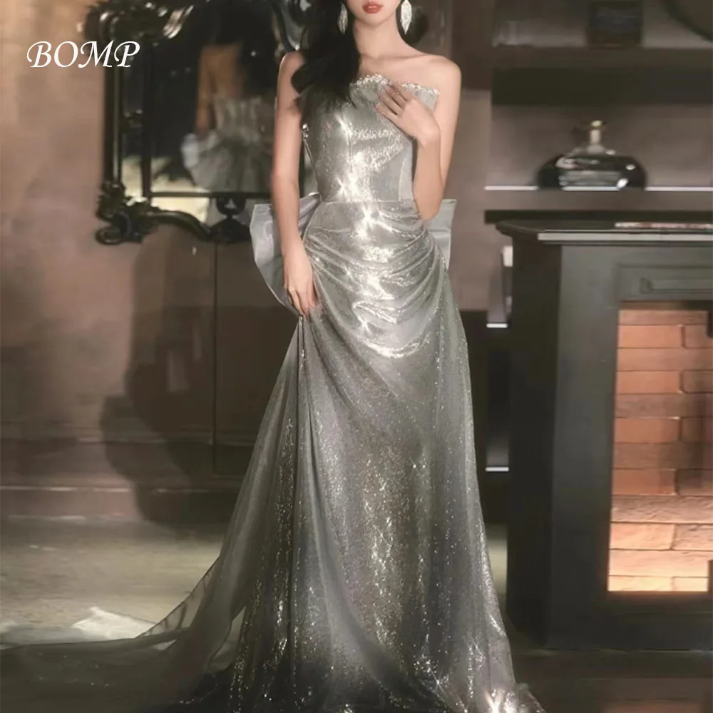 BOMP Shiny Evening Dress Strapless Draped Bow Sweep Train Special Occasion Wedding Party Dresses Customized
BOMP Shiny Evening Dress Strapless Draped Bow Sweep Train Special Occasion Wedding Party Dresses Customized