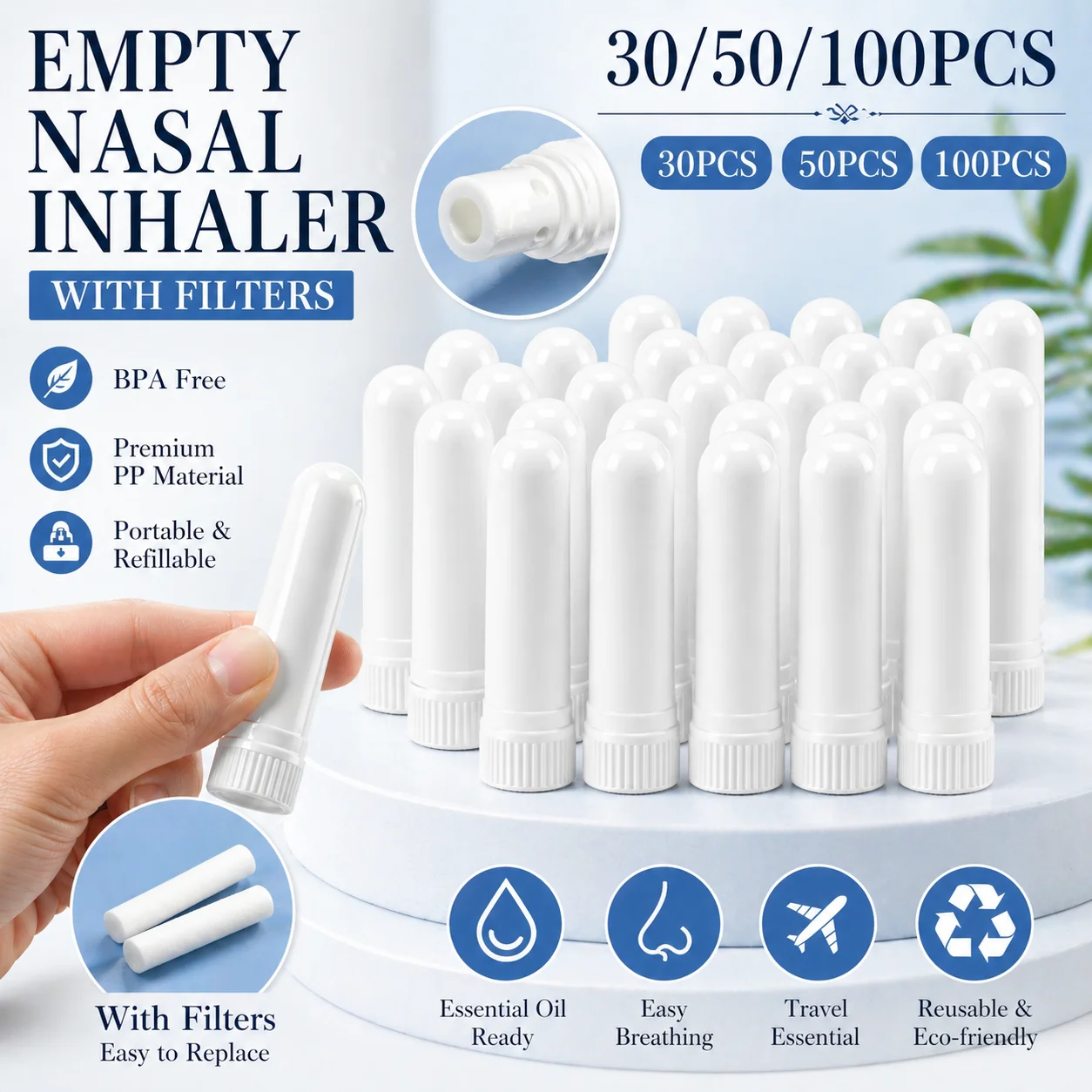 Refillable Nasal Inhaler Tubes 30/50/100pcs with Cotton Wicks Empty Aromatherapy Essential Oil Travel Container
Refillable Nasal Inhaler Tubes 30/50/100pcs with Cotton Wicks Empty Aromatherapy Essential Oil Travel Container
