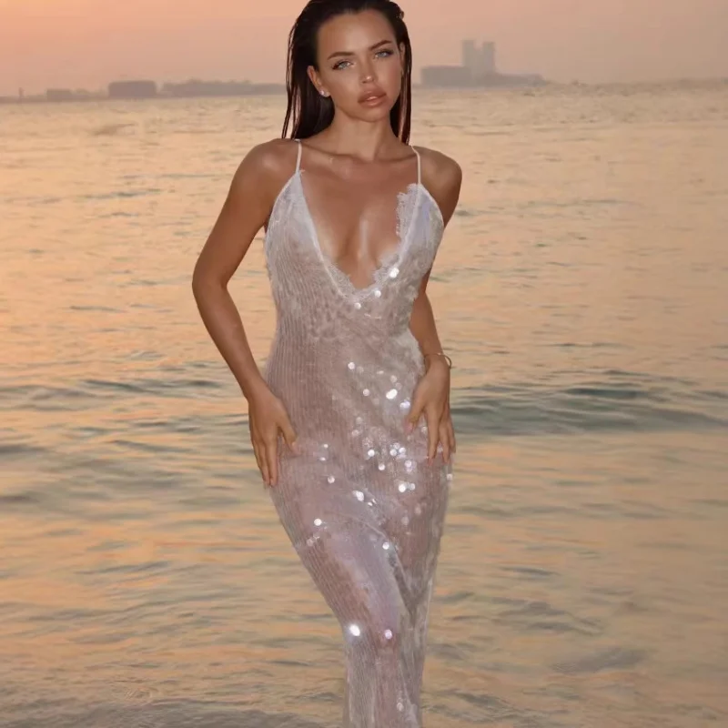 Trendy Sequined See Through Lace Bodycon Dress Women Thin Spaghetti Strap Elegant Gown For Tropical Beach Holiday Prom Party
Trendy Sequined See Through Lace Bodycon Dress Women Thin Spaghetti Strap Elegant Gown For Tropical Beach Holiday Prom Party
