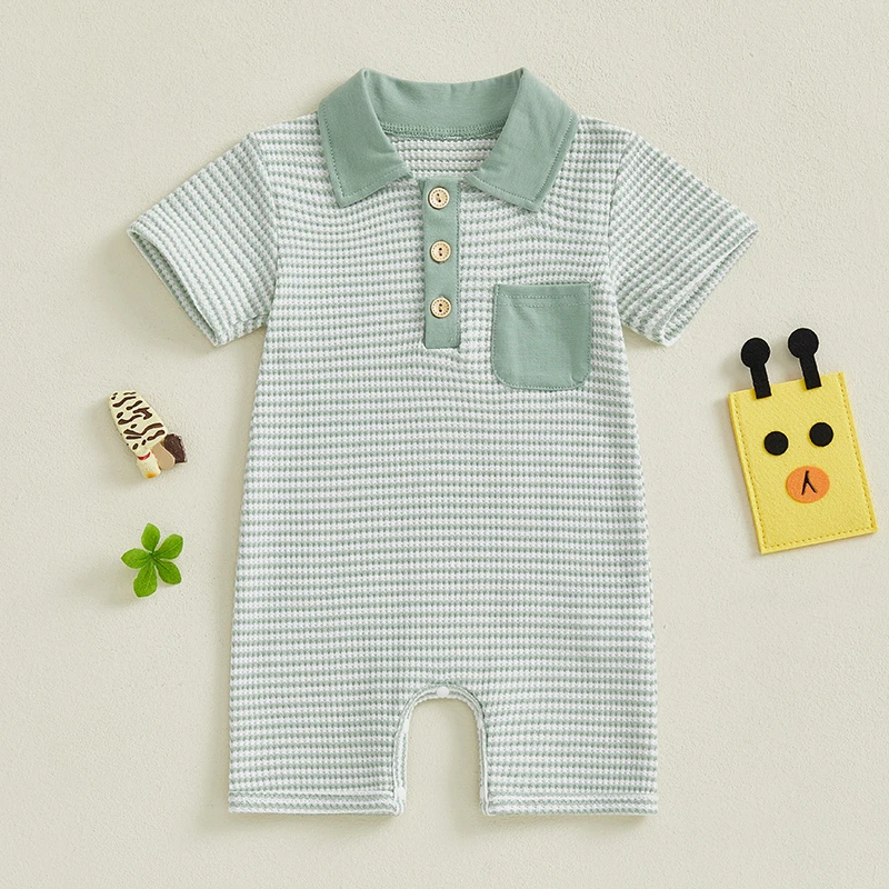 Baby Boy Romper Summer Short Sleeve Lapel Collar Button Front Stripes Print Jumpsuit Newborn Playsuit
Baby Boy Romper Summer Short Sleeve Lapel Collar Button Front Stripes Print Jumpsuit Newborn Playsuit