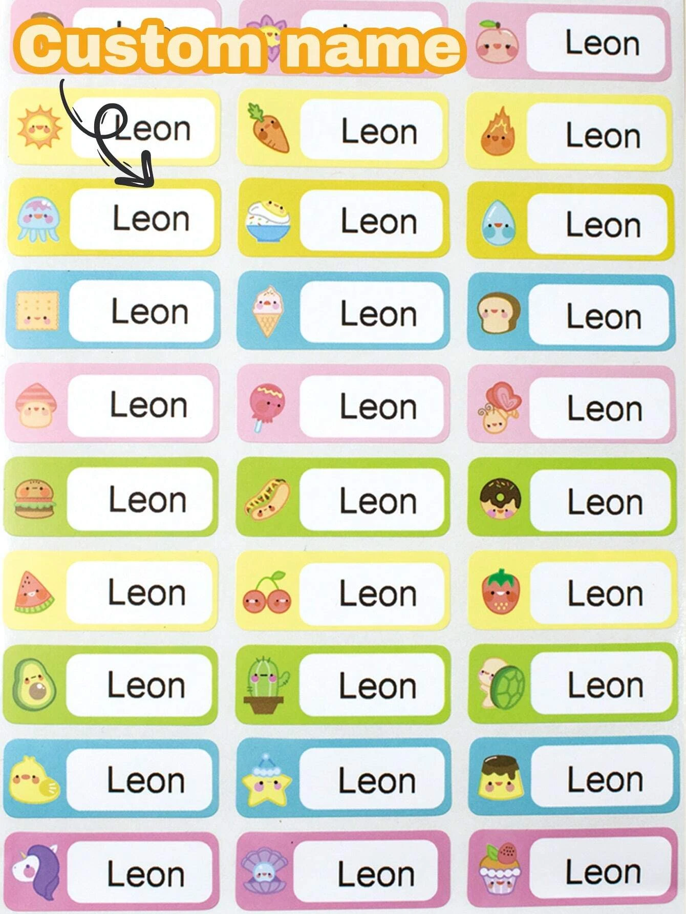 3*1.1CM Custom Waterproof Baby Name Stickers, Personalized Cartoon Style Stickers For Kids, Custom Name Tags, Cute Fruits
3*1.1CM Custom Waterproof Baby Name Stickers, Personalized Cartoon Style Stickers For Kids, Custom Name Tags, Cute Fruits