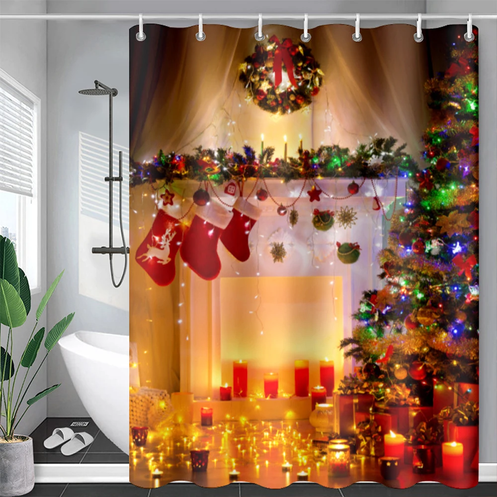 Household Xmas Fireplace Shower Curtain Winter Christmas Gift Boxes Fir Tree Stockings Pattern Bathroom Bath Curtains with Hooks
Household Xmas Fireplace Shower Curtain Winter Christmas Gift Boxes Fir Tree Stockings Pattern Bathroom Bath Curtains with Hooks