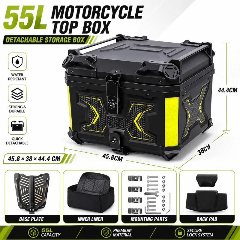 55L Motorcycle Rear Box Detachable Storage Trunk with Base Plate Inner Liner Back Pad for Motorbike Scooter
55L Motorcycle Rear Box Detachable Storage Trunk with Base Plate Inner Liner Back Pad for Motorbike Scooter