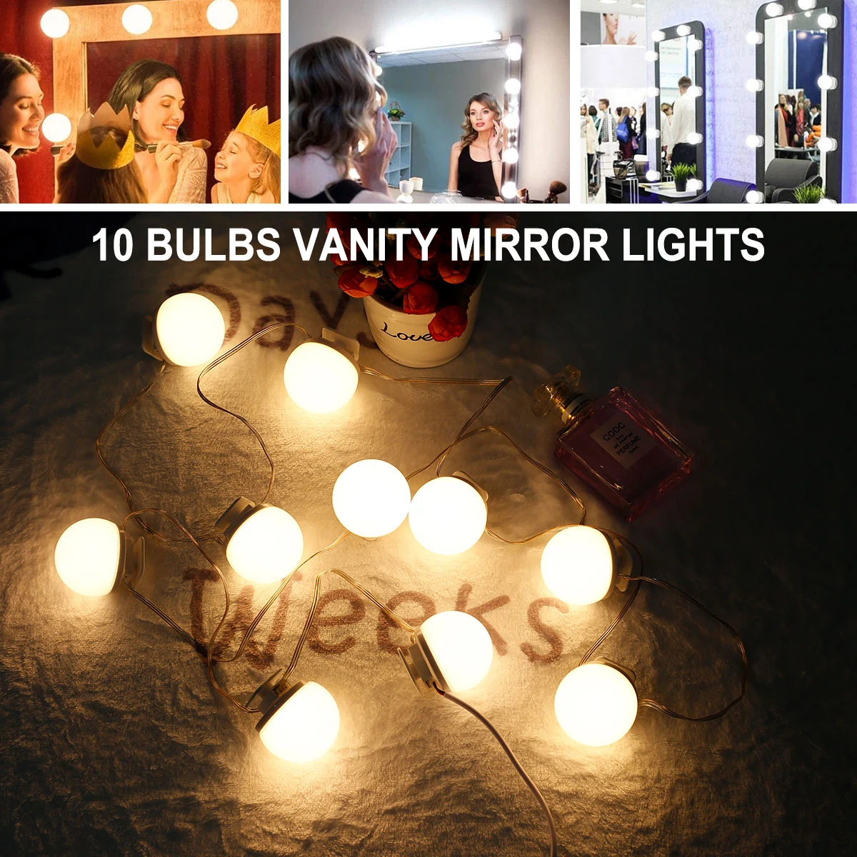 Dresser mirror light with 10 dimmable bulbs LED mirror light 3 color modes USB powered bath mirror light for makeup table
Dresser mirror light with 10 dimmable bulbs LED mirror light 3 color modes USB powered bath mirror light for makeup table
