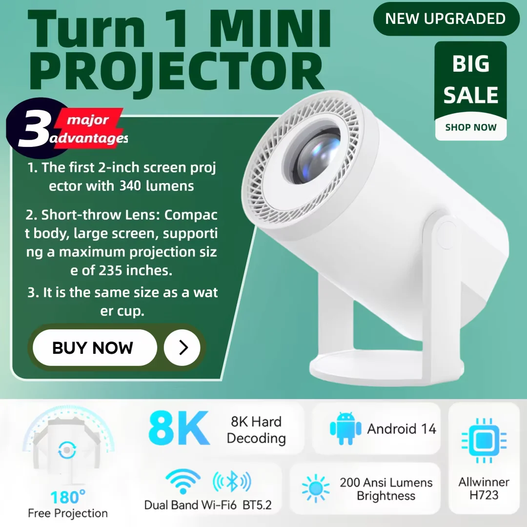 High-resolution 4K projector Turn1 portable projector 340 lumens android 14 wifi6 H727 for home theater projectors
High-resolution 4K projector Turn1 portable projector 340 lumens android 14 wifi6 H727 for home theater projectors