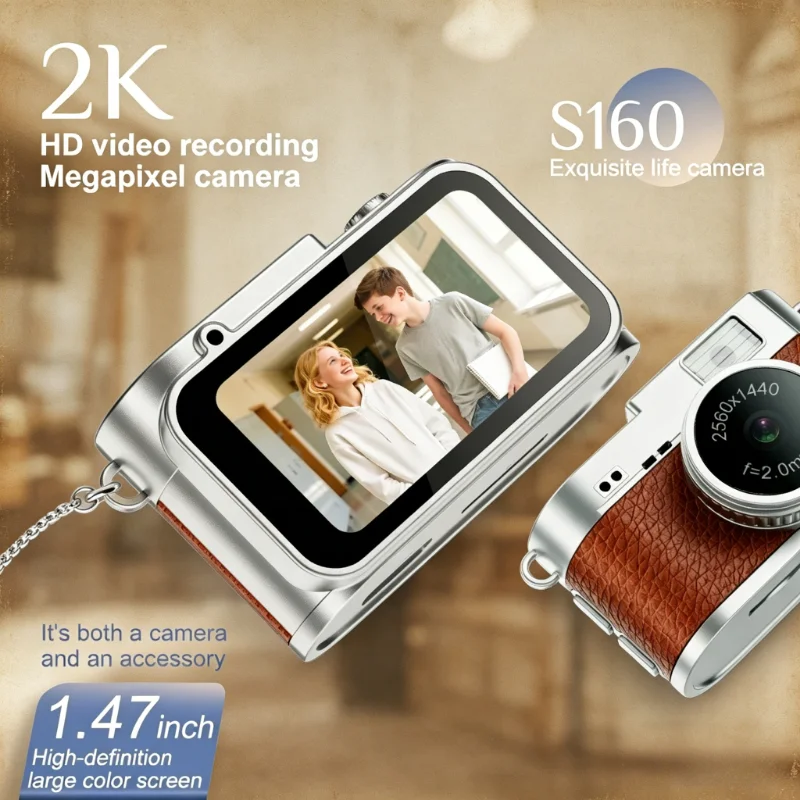 S160 2K HD Keychain Camera 1.47" Screen Retro Mini Digital Camera with Flashlight Portable Vlog Camcorder